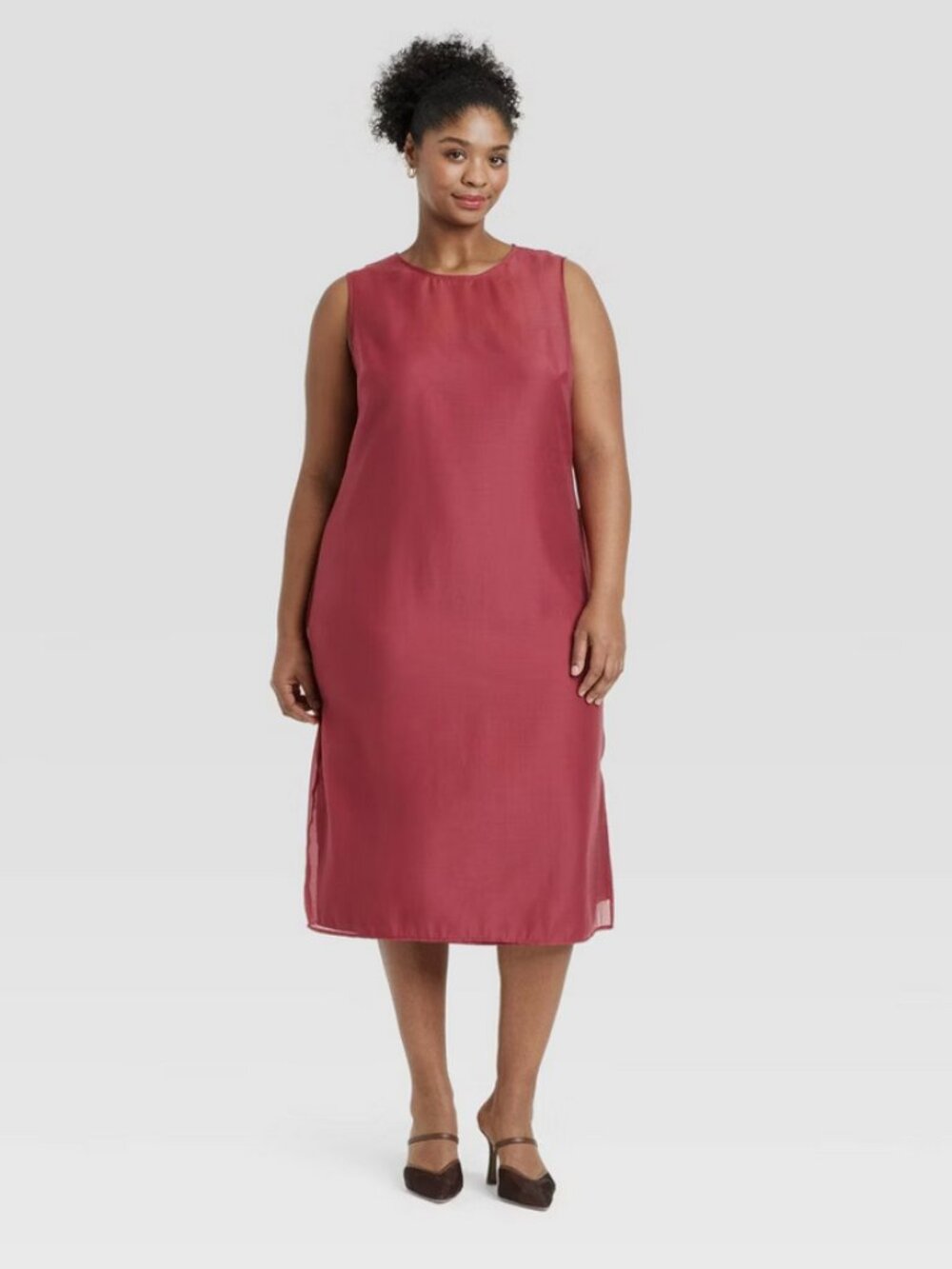 Women's Sheer Organza Midi Shift Dress - A New Day Burgundy L